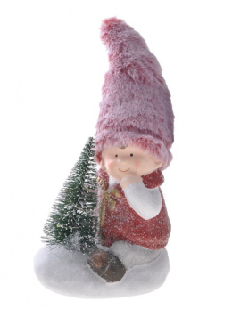 Dziecko ceramiczne siedzące z choinką LED czapka różowe futro (SHM202189) 20*12*9cm