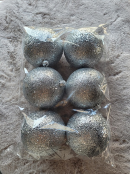 Bombki plastikowe srebrne brokatowe 100mm op-6szt (O)
