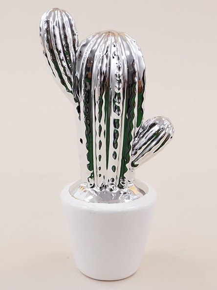 Kaktus ceramiczny srebrny w białej doniczce 19*10,5*7cm (TG43379)
