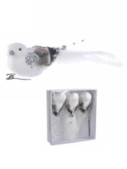 Kpl. 3 ptaszków białych na klipsie z brązowymi piórkami (FL19B0016) 16*4*4cm