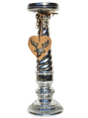Świecznik szklany srebrny nakrapiany z srcem (IK0133) 33*11,5cm