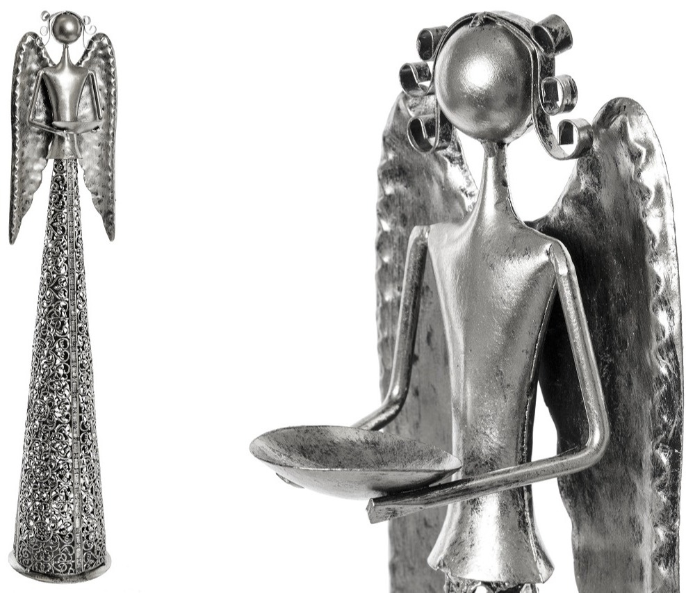 Anioł metalowy srebrny 55cm ażurowy z misą (ART18453) fi 11cm