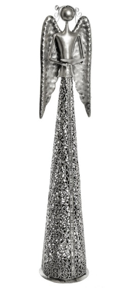 Anioł metalowy srebrny 55cm ażurowy z misą (ART18453) fi 11cm