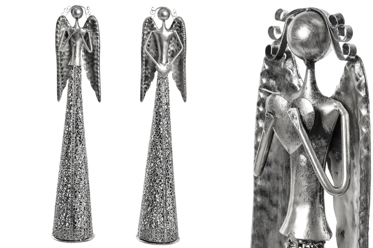 Anioł metalowy srebrny 55cm ażurowy z sercem w dół (ART18452) fi 11cm