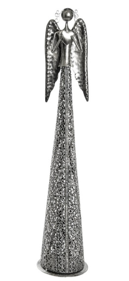 Anioł metalowy srebrny 68cm ażurowy z sercem góra (ART18450) fi 14cm