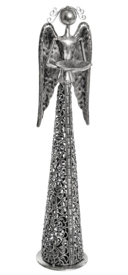 Anioł metalowy srebrny 39cm ażurowy z misą (ART18455)