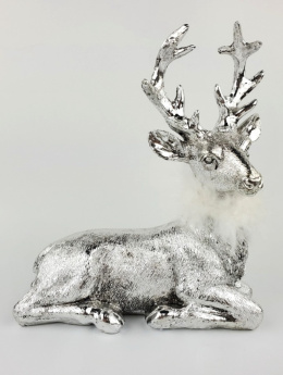 Renifer srebrny leżący z futerkiem poliresing h:17,5*15,5*6cm (HN0283)
