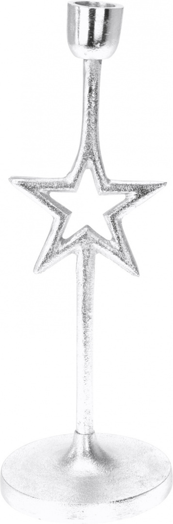 Świecznik metalowy gwiazdka na świecę 28cm srebrny (011030) fi10cm