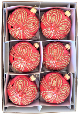Bombki 80mm dekorowane ornament kpl.6szt: KOKARDKI czerwony błysk