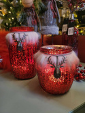 Lampion szklany czerwony pękaty z futerkiem (GB0092)