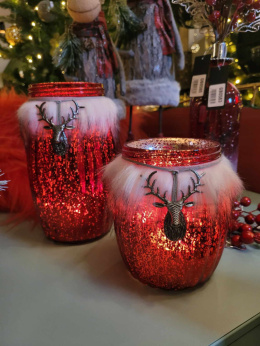 Lampion szklany czerwony smukły z futerkiem (GB0093)