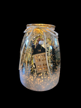 Lampion szklany złoto-biały nakrapiany z drewnianą zawieszką (GB0110)