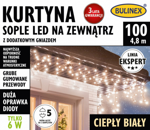 Kurtynka sople LED zewn. 100L +gn. 5m/6W (25-658) kolor biały ciepły