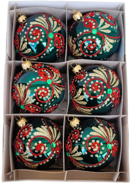 Bombki 80 dekorowane ornament op.6szt.: SZMARAGDOWA FANTAZJA